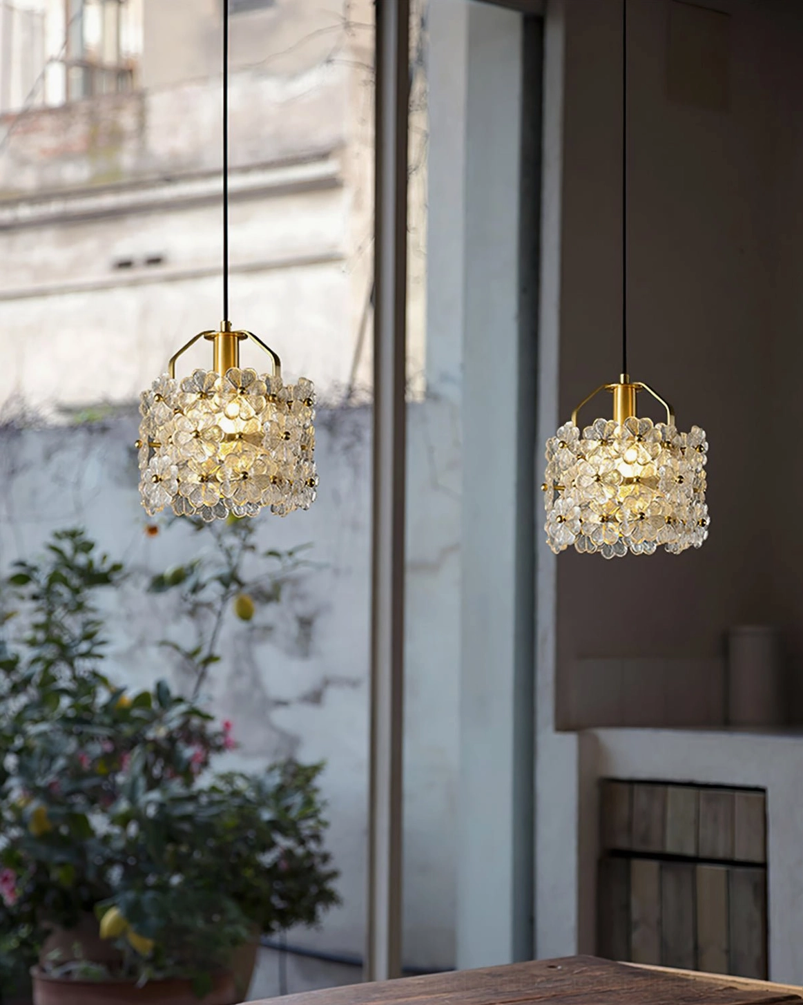 Petit Floral Glass Pendant Light detailed view showing individual glass flower elements and brass framework