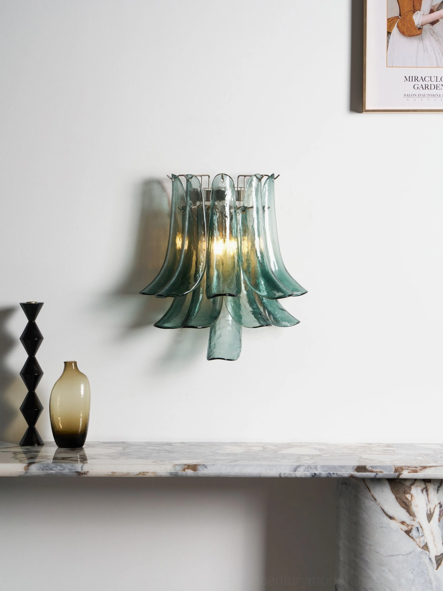 Petral wall sconce featuring hand-sculpted glass petals, artistic accent lighting fixture