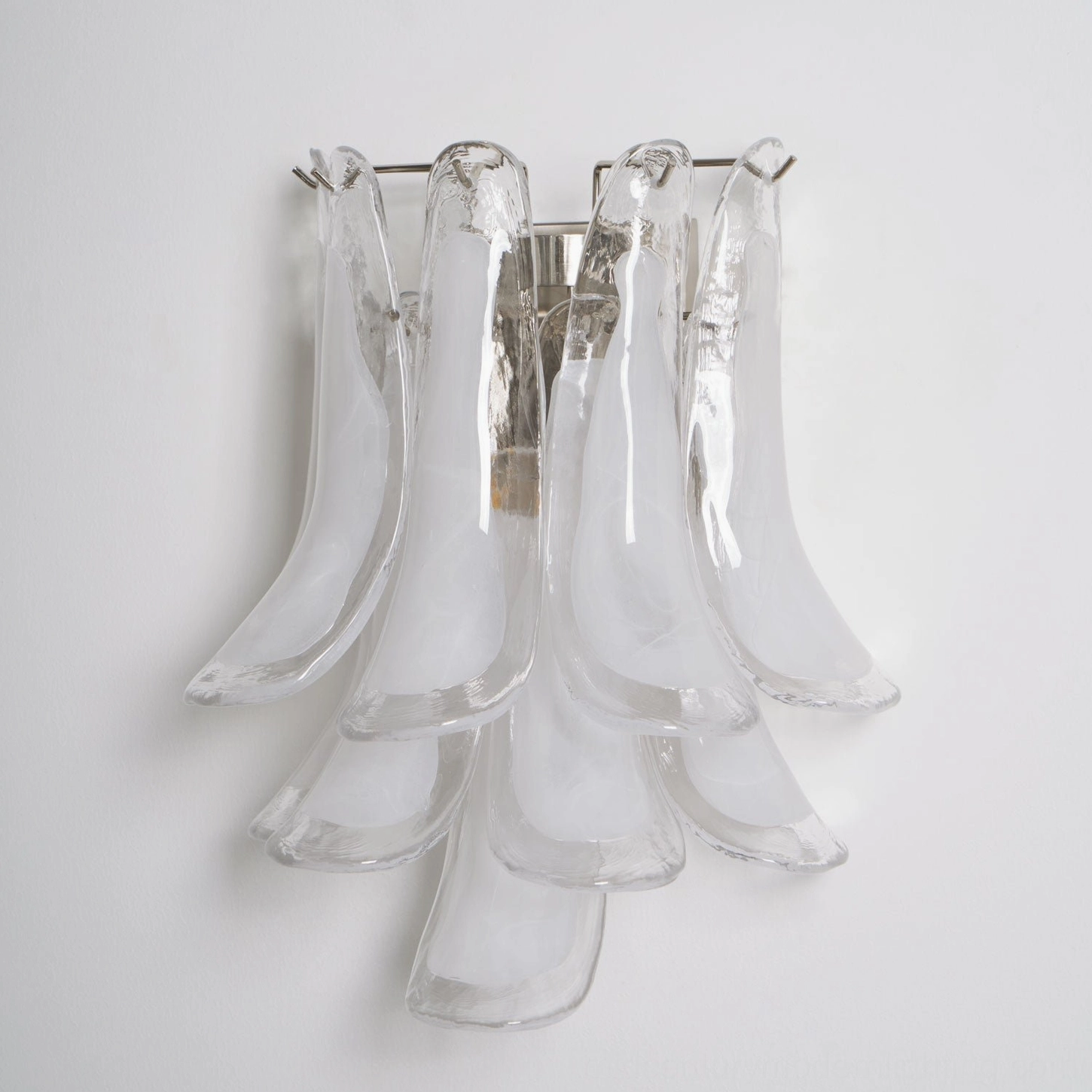 Petral Murano-style wall sconce close-up studio shot highlighting oversized hand-sculpted glass petals and polished nickel frame