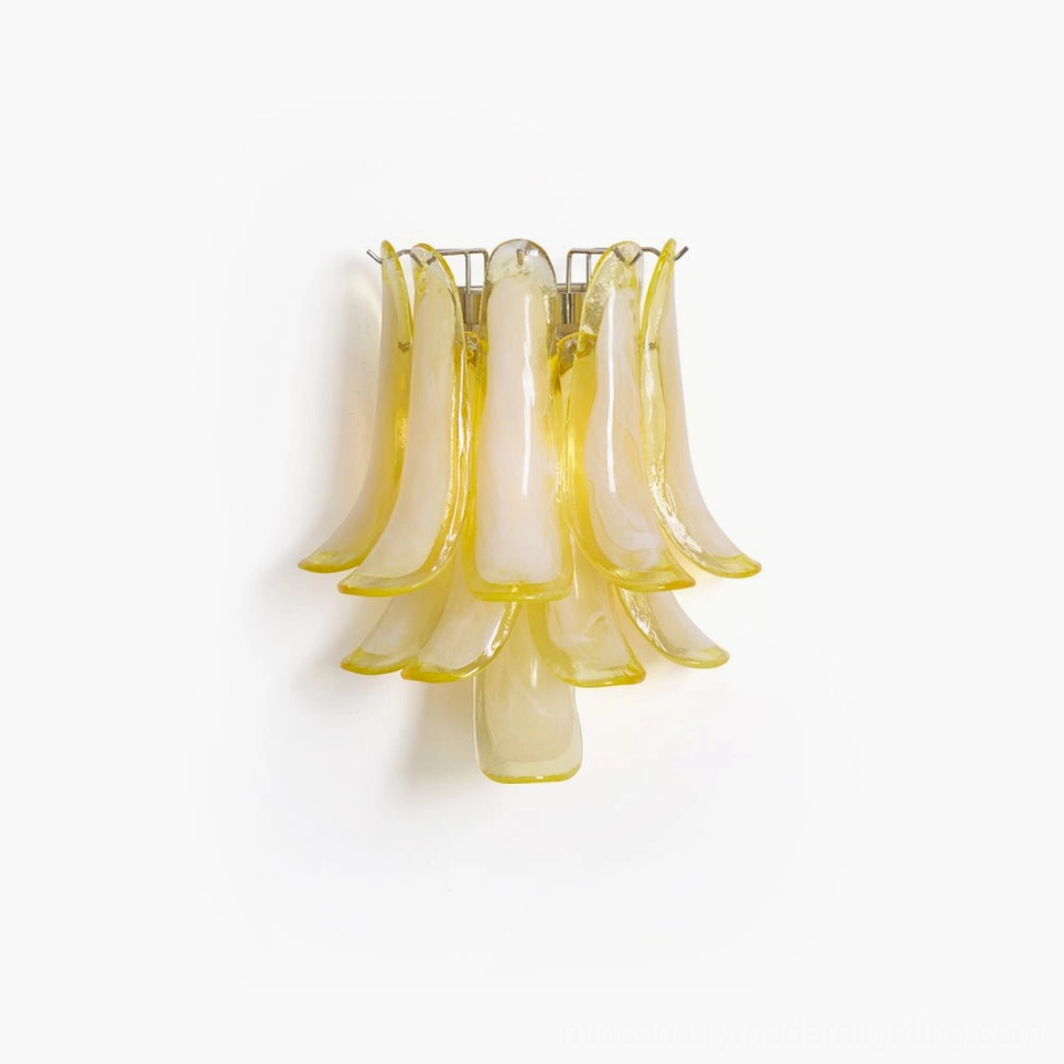 Petral Murano glass wall sconce with yellow gradient hand-sculpted glass petals and brushed nickel metal frame, front studio view