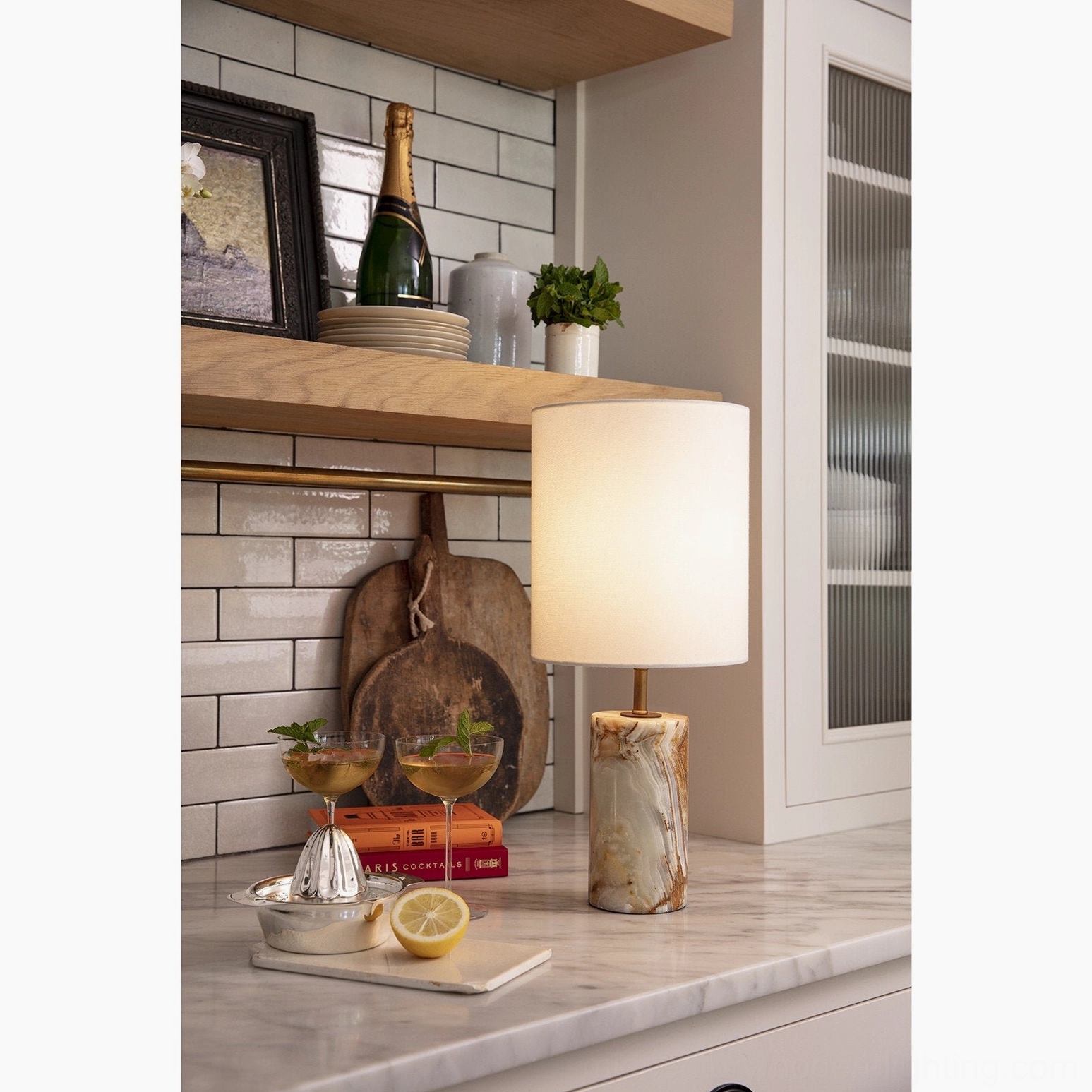 Pharos table lamp displayed on kitchen countertop with matching mid-century modern styling