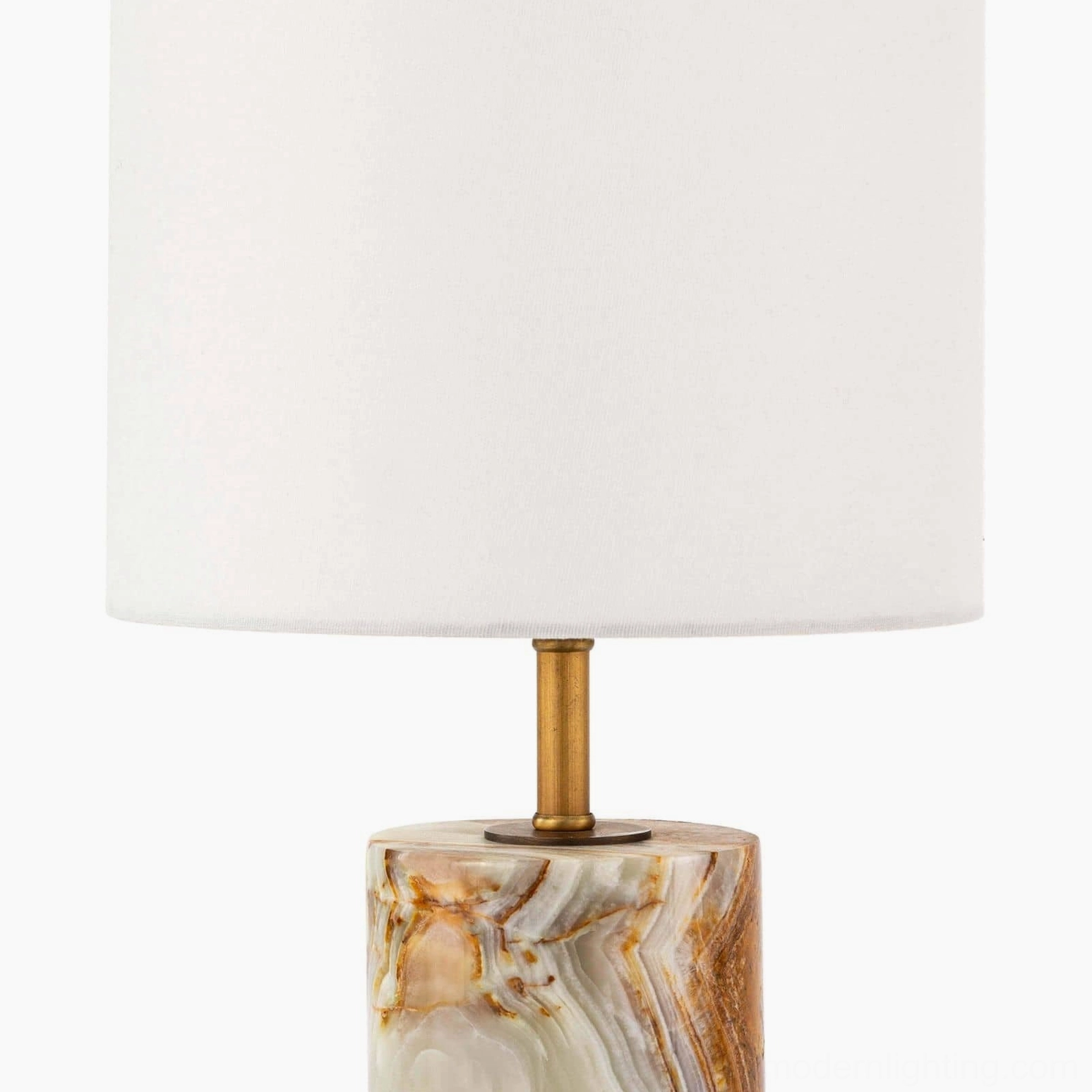Pharos table lamp base detail with brass stem and polished marble - low angle perspective