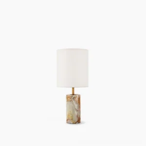 Pharos marble table lamp with onyx base and white linen shade - front view on white background