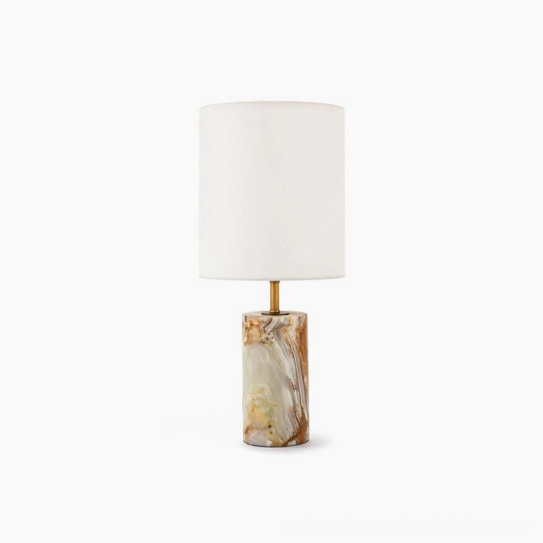 Pharos cylindrical marble table lamp with white shade and brass hardware - product shot
