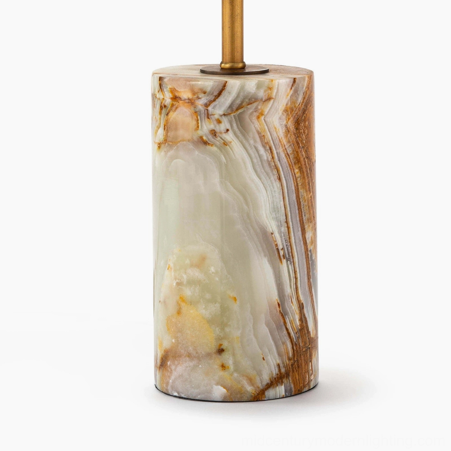 Close-up of Pharos lamp base showing polished onyx marble with natural veining and brass fixture detail