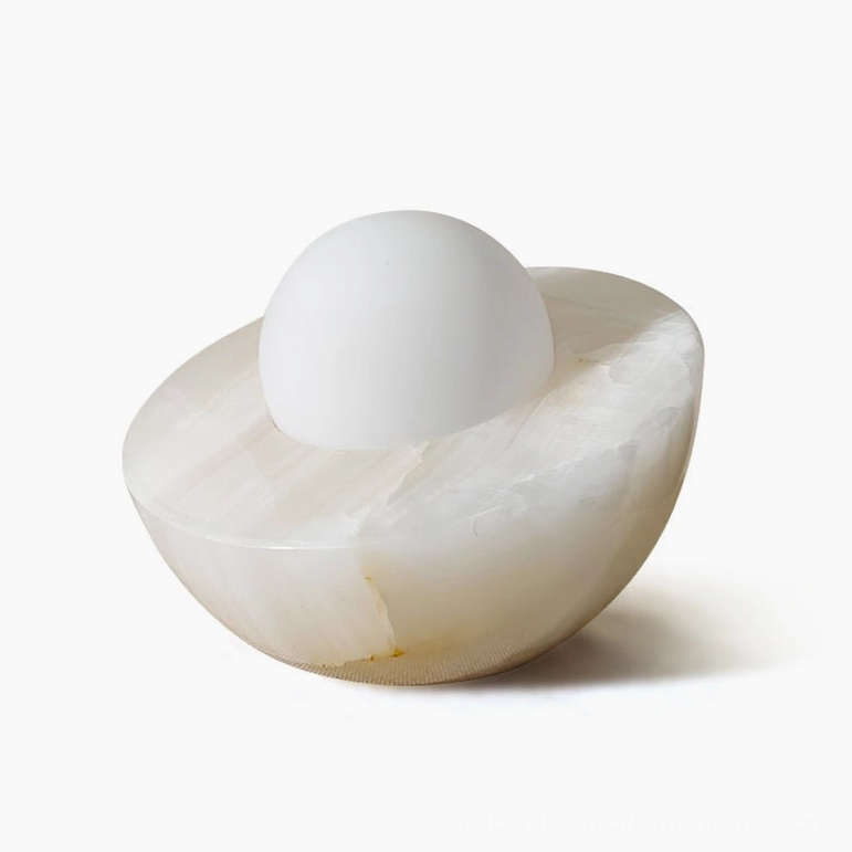 Piccola marble orb table lamp white finish G9 bulb base, contemporary minimalist lighting with natural stone craftsmanship