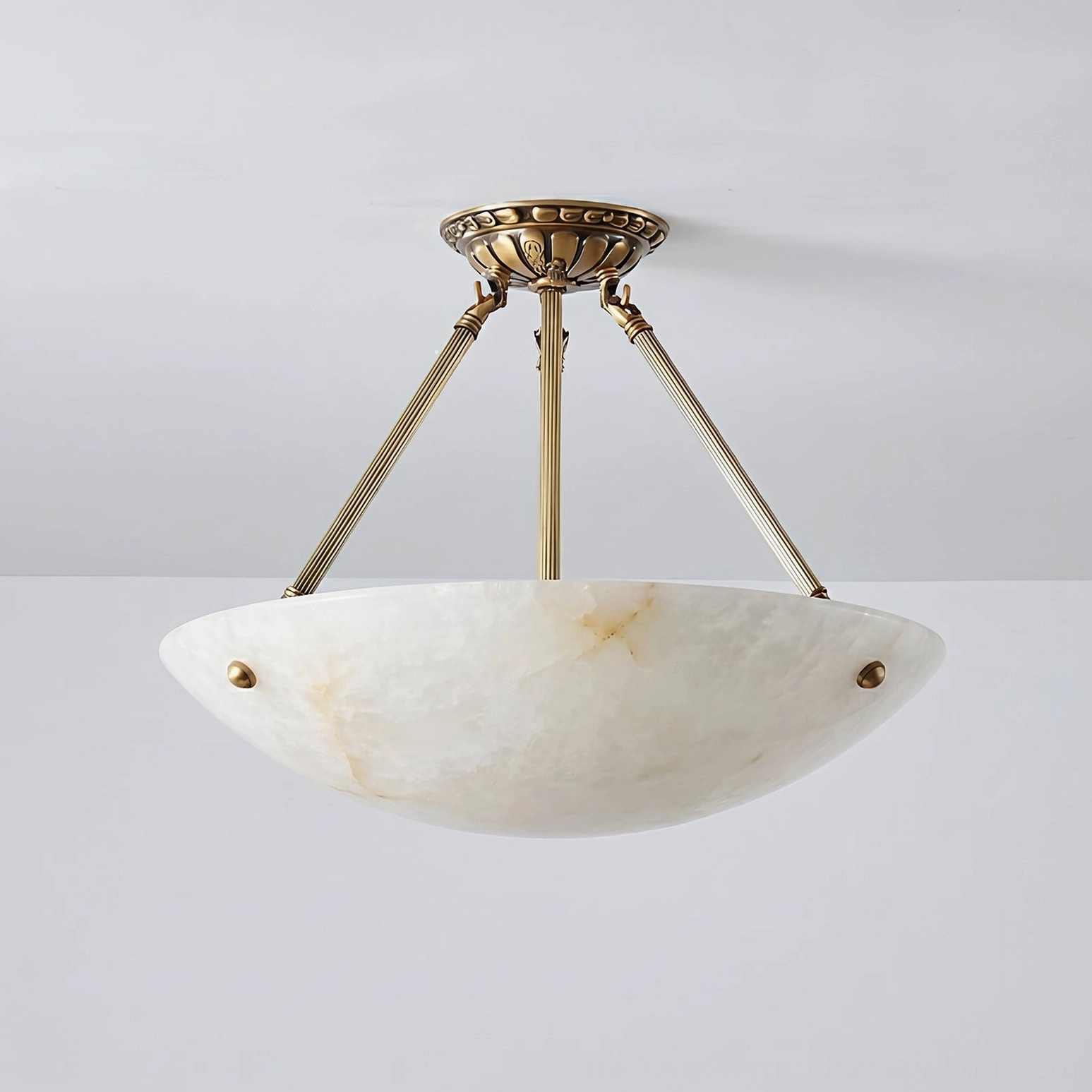 Piedmont alabaster ceiling light fixture artistic composition highlighting natural alabaster bowl and reeded brass architectural elements