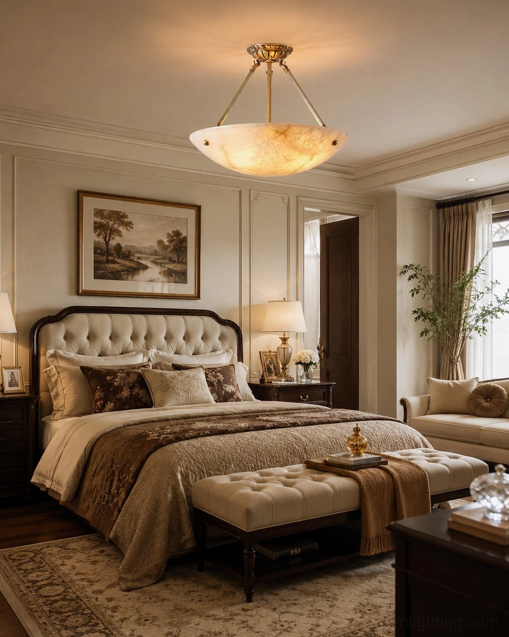 Piedmont alabaster flush mount light creating warm glow in classic American master bedroom with vintage traditional design aesthetic