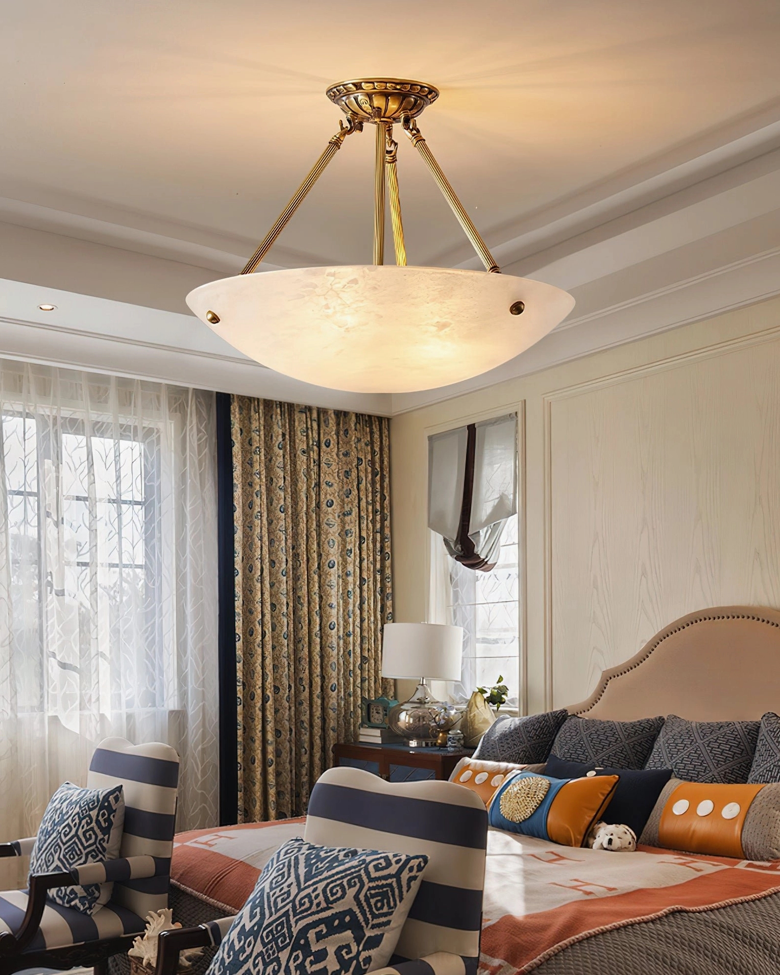 Piedmont alabaster semi-flush ceiling pendant light black and white alabaster variant with brass metal hardware and decorative canopy