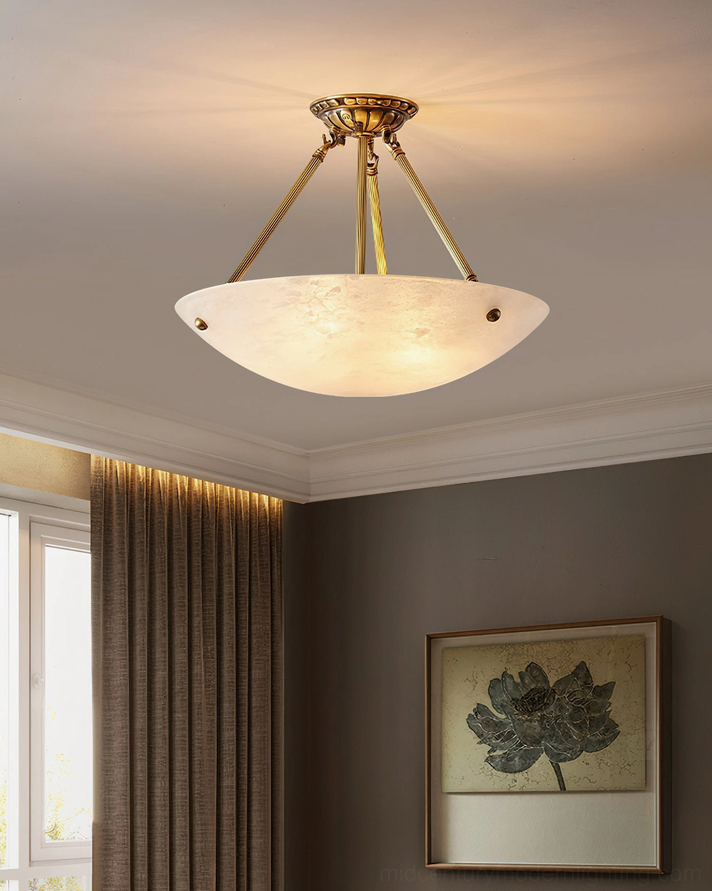 Piedmont alabaster bowl pendant lamp detailed front view showing brass frame and natural alabaster stone bowl with reeded metalwork