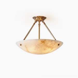Piedmont alabaster bowl semi-flush pendant lamp with brass frame and reeded details against white background - Mid-Century Modern ceiling light fixture