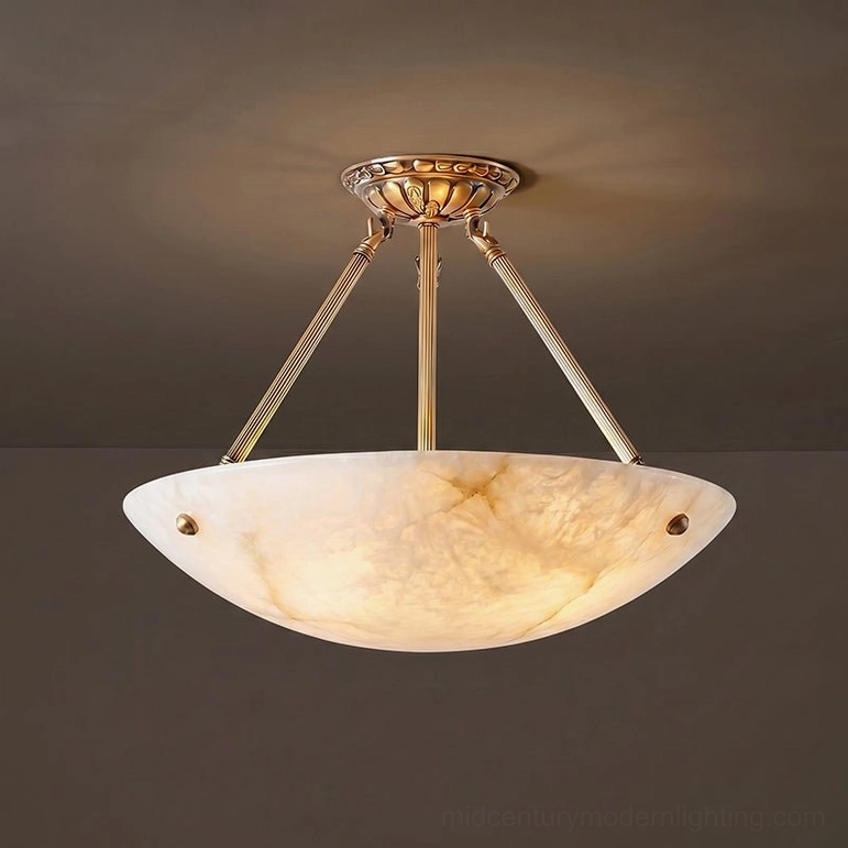 Piedmont alabaster bowl semi-flush ceiling lamp brass and white alabaster combination with reeded brass frame and decorative canopy