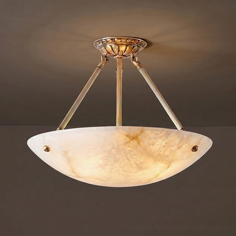 Piedmont alabaster bowl pendant in brass and white alabaster finish - classic color combination for Mid-Century Modern interiors
