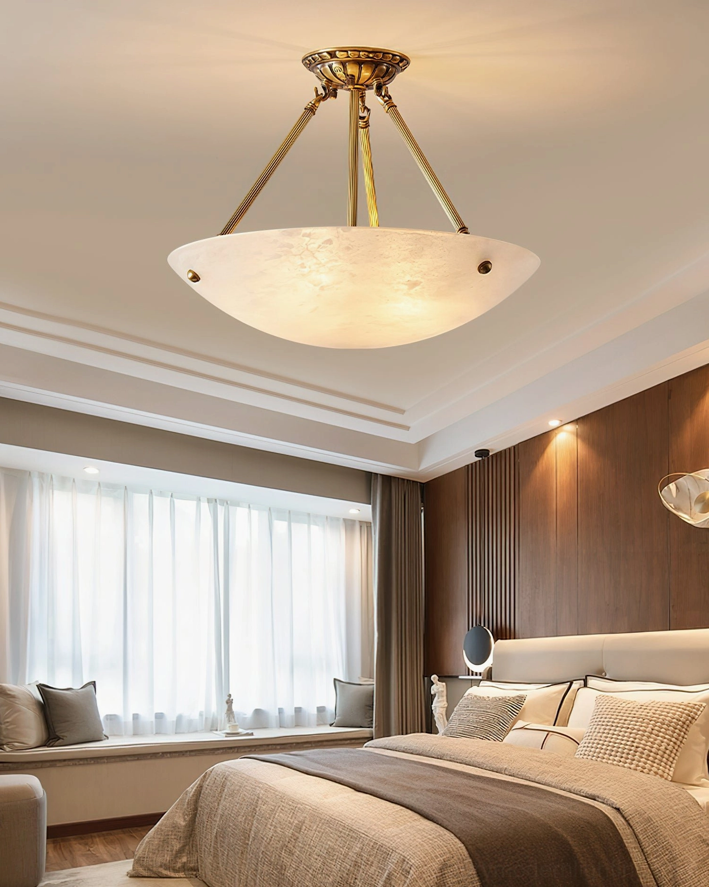 Piedmont alabaster ceiling fixture detail showing decorative brass canopy and mounting hardware with polished finish