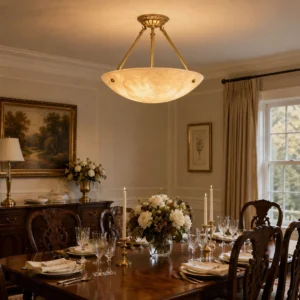 Piedmont alabaster pendant light installed in elegant formal dining room above traditional American dining table with warm ambient lighting