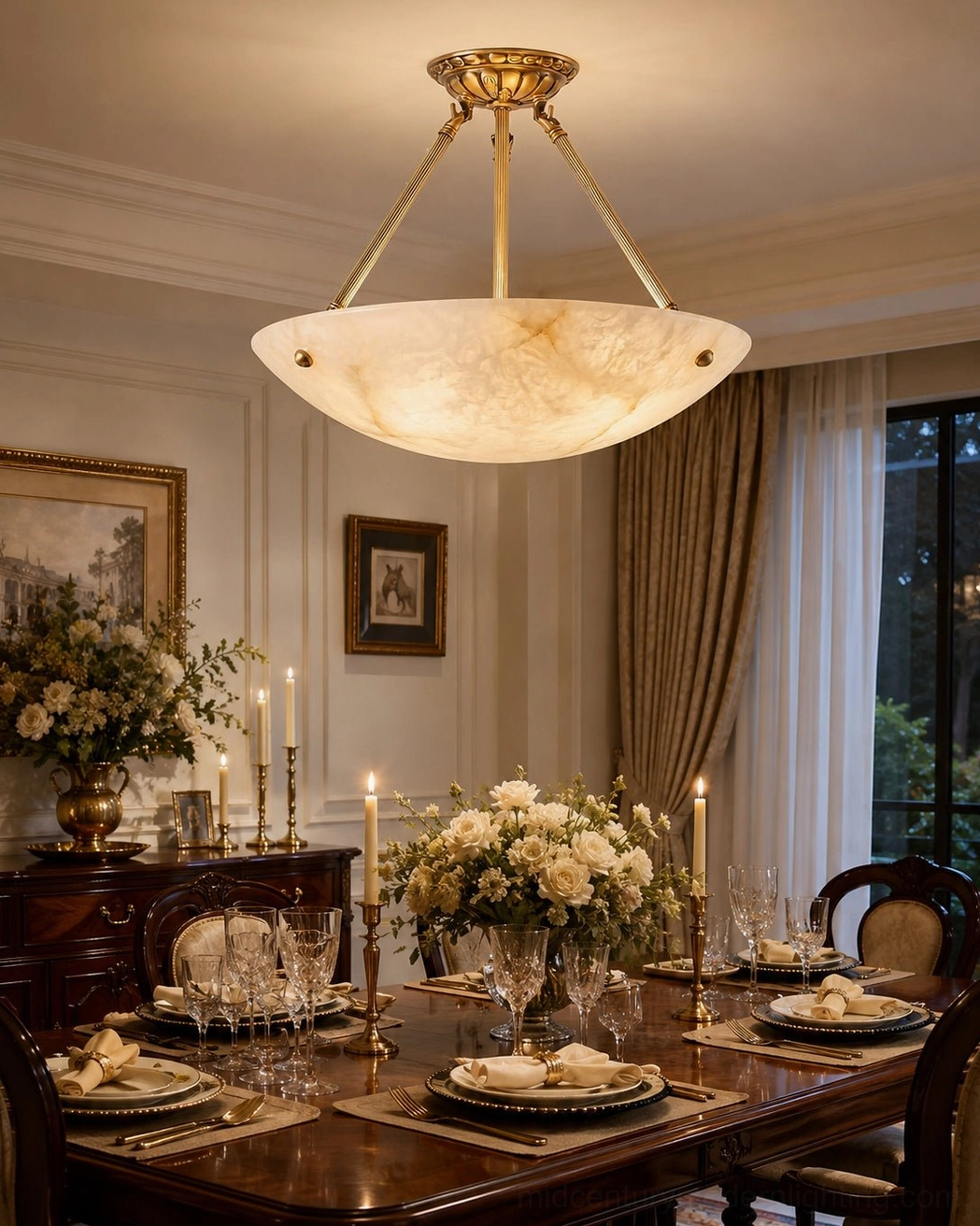 Piedmont alabaster semi-flush pendant lamp in warm traditional American dining room with layered ambient lighting design