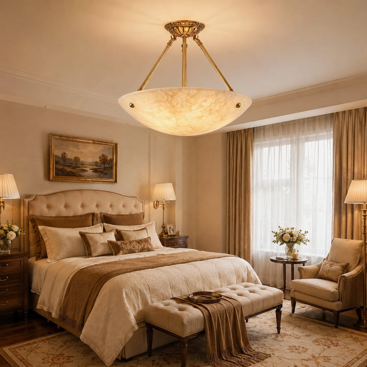 Piedmont alabaster flush mount light fixture in luxury master bedroom setting with soft warm illumination and classic American bedroom decor
