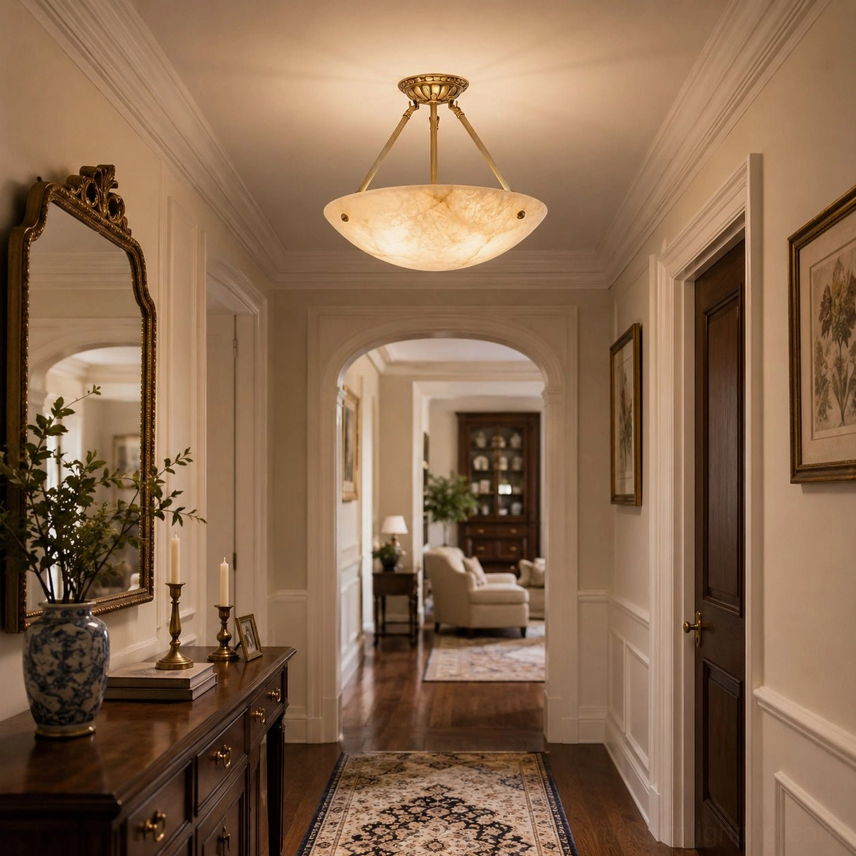 Piedmont alabaster ceiling lamp in American entryway foyer with console table and mirror creating welcoming vintage home entrance