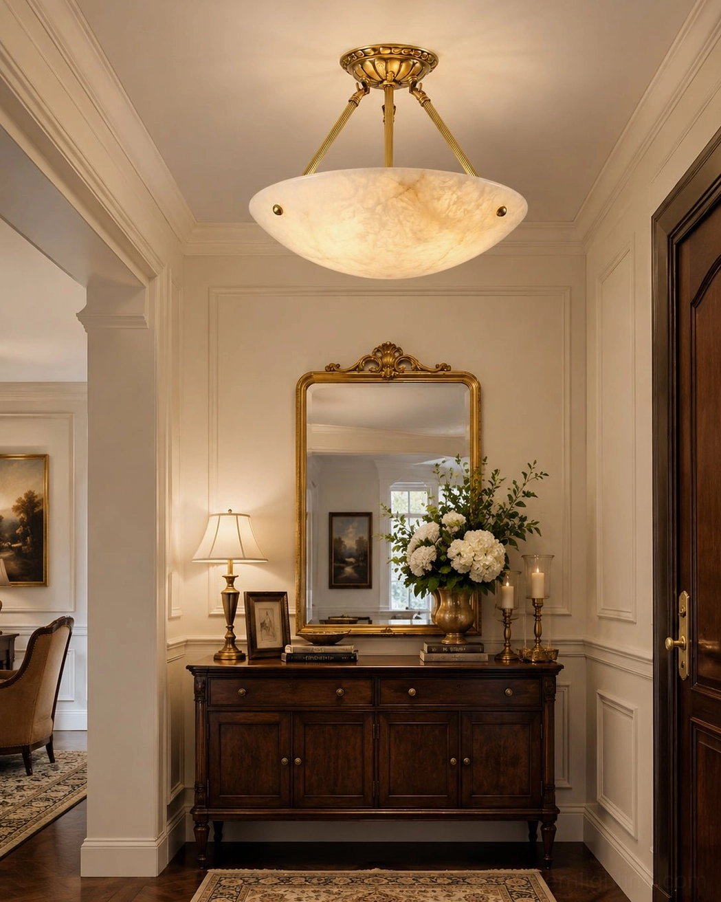Piedmont alabaster ceiling lamp in elegant American vintage foyer with console mirror and traditional home decor styling
