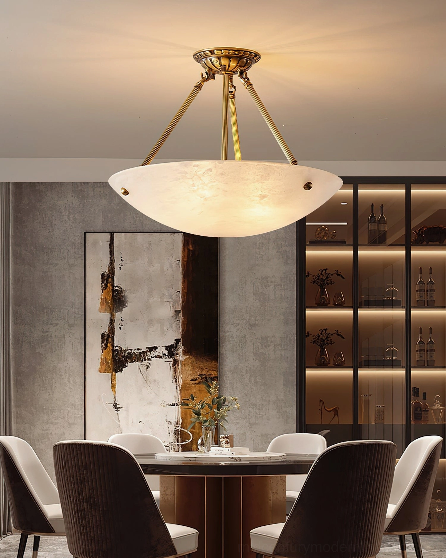 Piedmont alabaster pendant light installation view showing semi-flush mount design and brass reeded frame architectural details