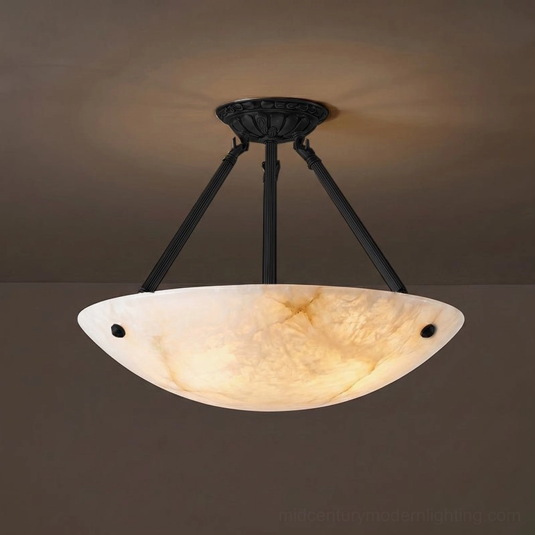 Piedmont alabaster pendant light small size variant 15.7 inch in black and white alabaster finish with brass reeded frame details