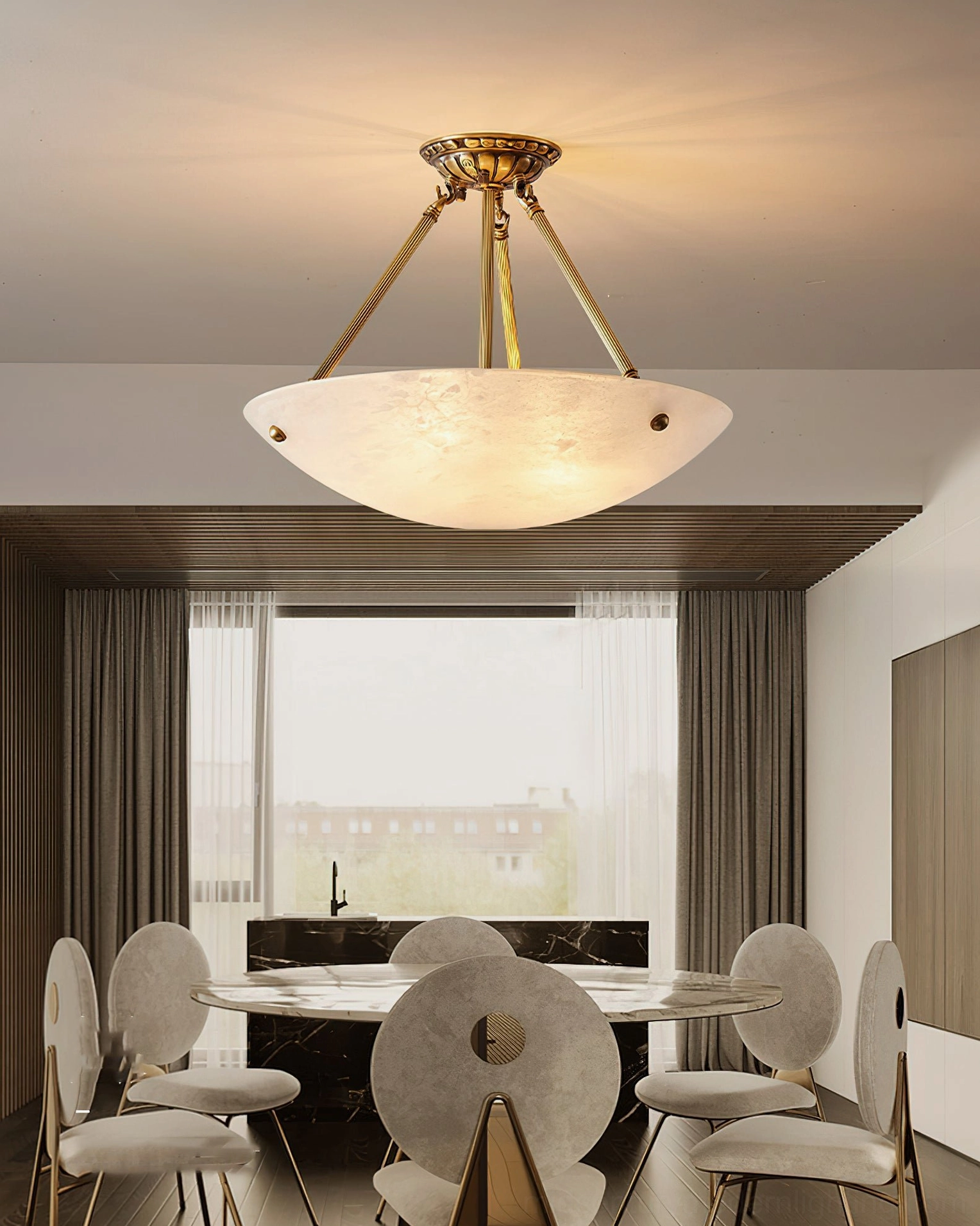 Piedmont alabaster bowl pendant lamp showcasing natural stone material texture and warm light diffusion through translucent shade