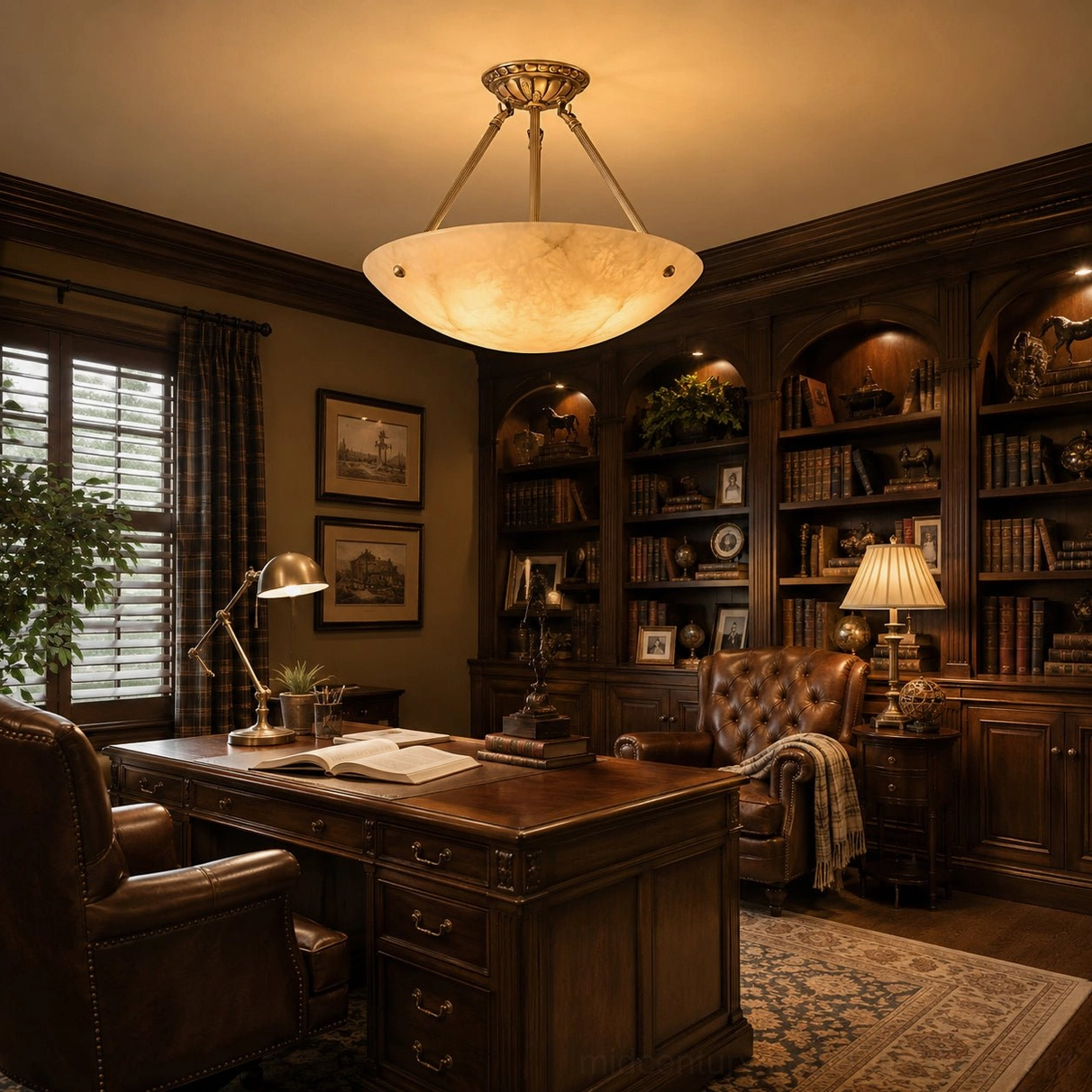 Piedmont alabaster ceiling lamp in traditional American home study office space with luxury vintage lighting design
