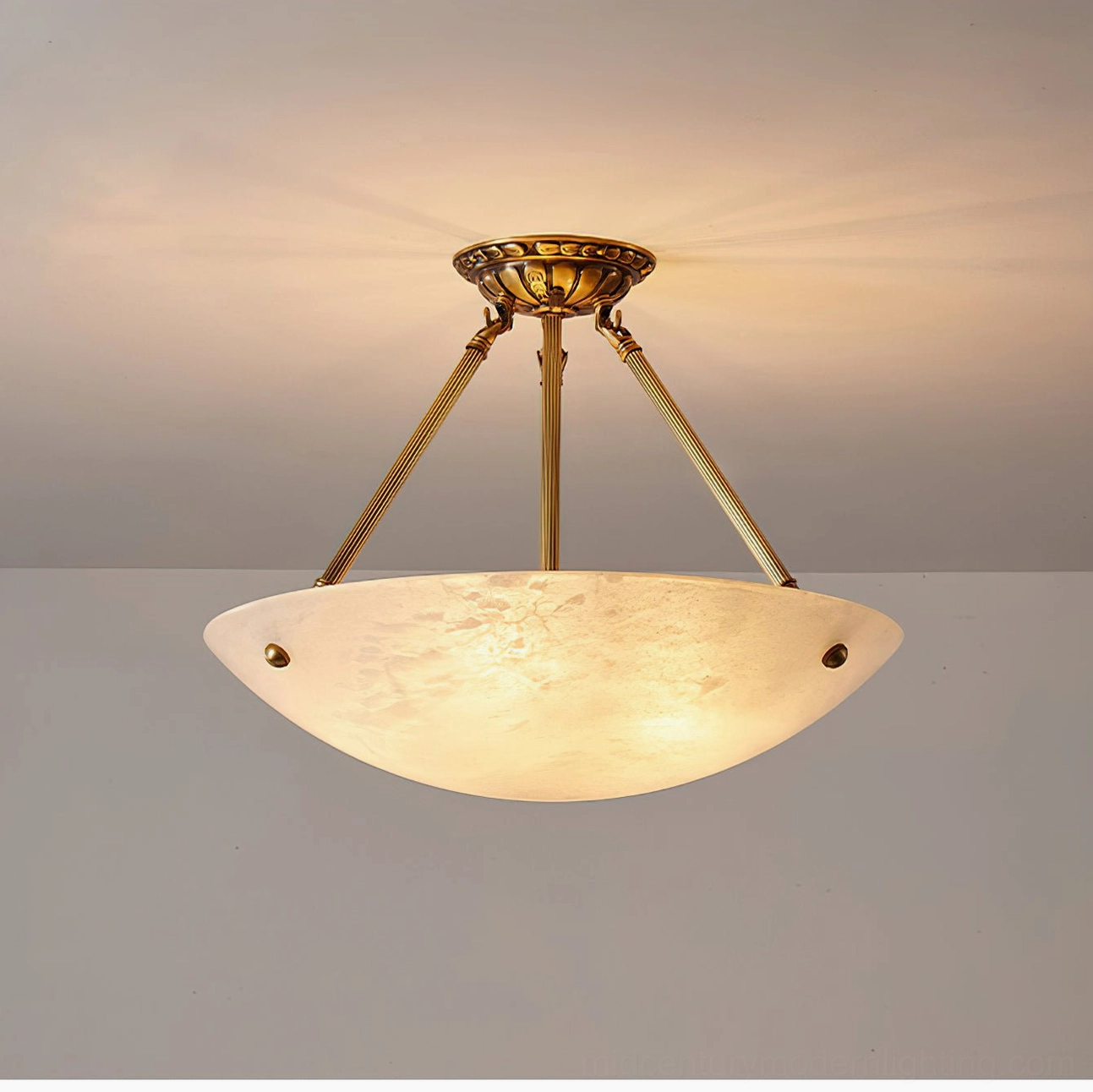 Piedmont alabaster semi-flush pendant lamp showing gentle warm light glow and elegant silhouette in modern transitional home setting