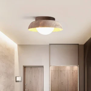 Piedra ceiling light installed in minimalist residential entryway with wood-trimmed interior and warm ambient glow