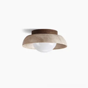Piedra natural stone ceiling light with travertine shade and walnut wood base, front studio view on white background