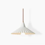 Pieghe pleated pendant light with white metal shade, front overhead view showcasing minimalist Nordic conical design