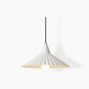 Pieghe pleated pendant light with white metal shade, front overhead view showcasing minimalist Nordic conical design