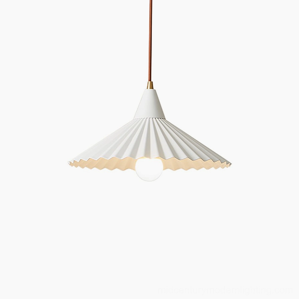 White Pieghe pleated pendant light architectural view showing sculptural form and mid-century modern aesthetic