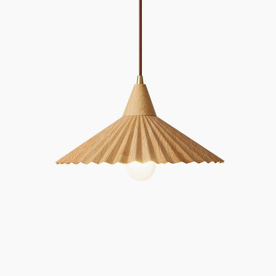 Wood-tone Pieghe pendant lamp with warm natural wood pleated shade in modern home dining area