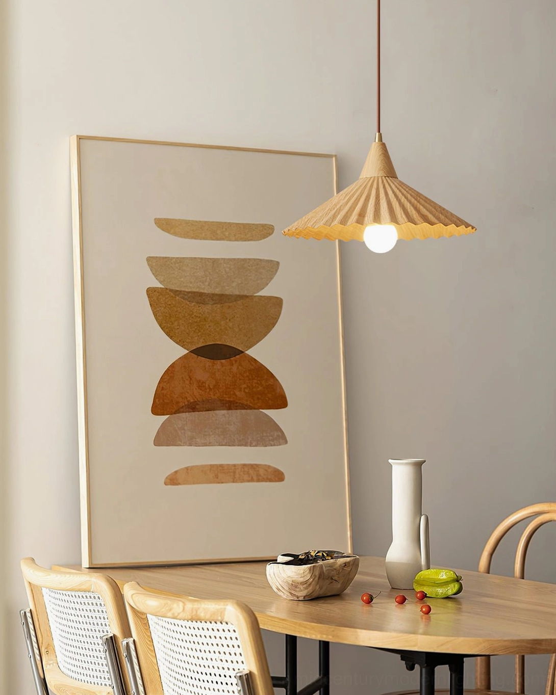 Wood-tone Pieghe pleated pendant lamp in Nordic dining area with warm natural wood finish and ambient lighting