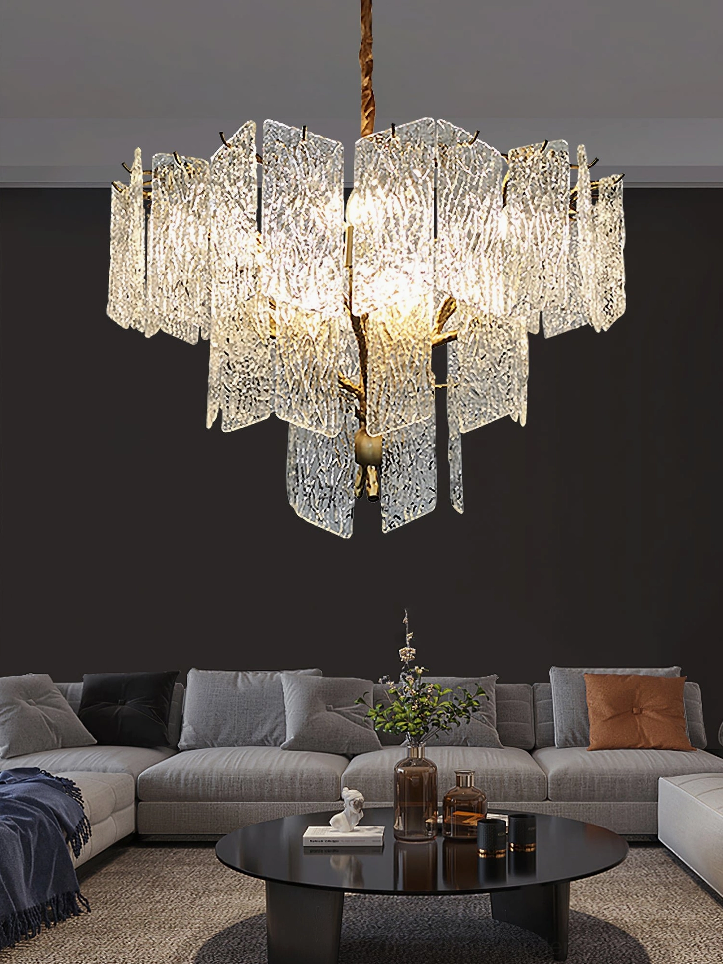 Piemonte mid-century modern chandelier in minimalist high-end neutral living room with contemporary styling