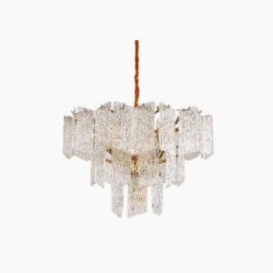 Piemonte mid-century modern crystal chandelier with tiered textured glass and brass frame, overhead studio view