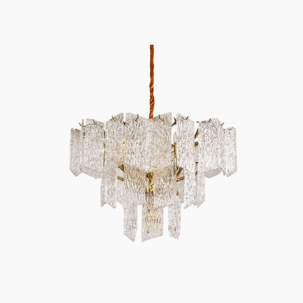 Piemonte mid-century modern crystal chandelier with tiered textured glass and brass frame, overhead studio view