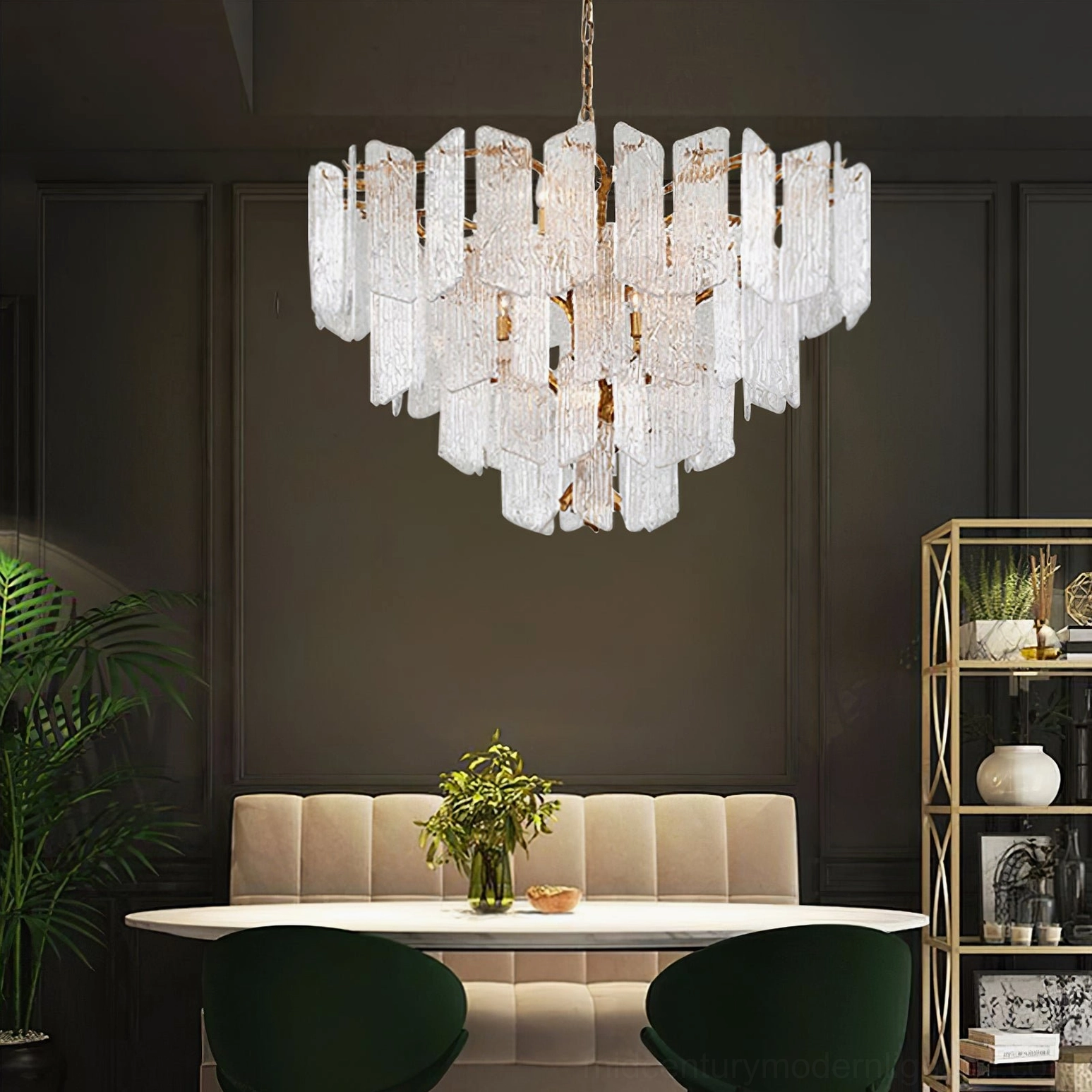 Piemonte mid-century crystal chandelier in dark luxury modern dining room overhead perspective