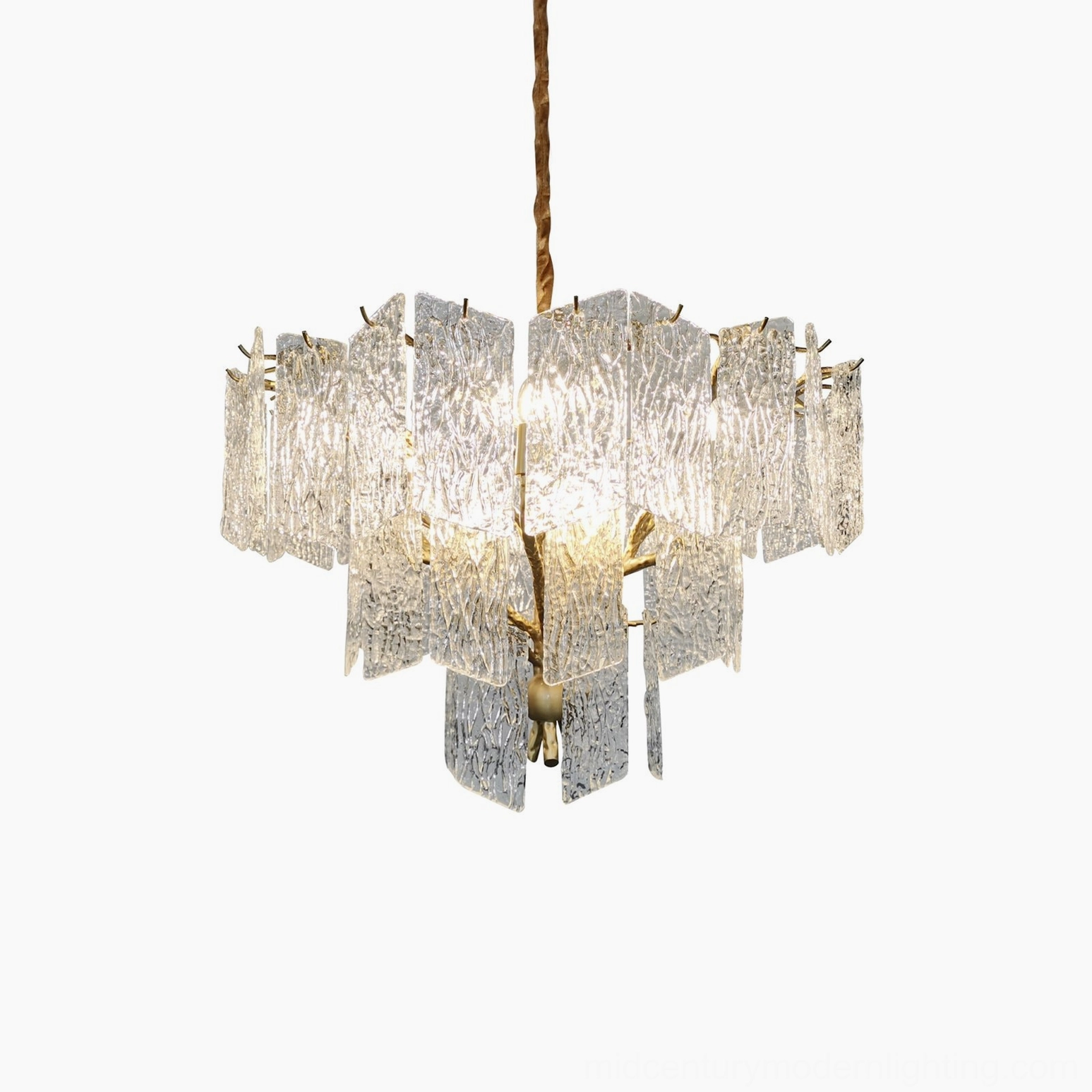 Piemonte crystal chandelier multi-angle view showing brass framework and textured glass panel arrangement