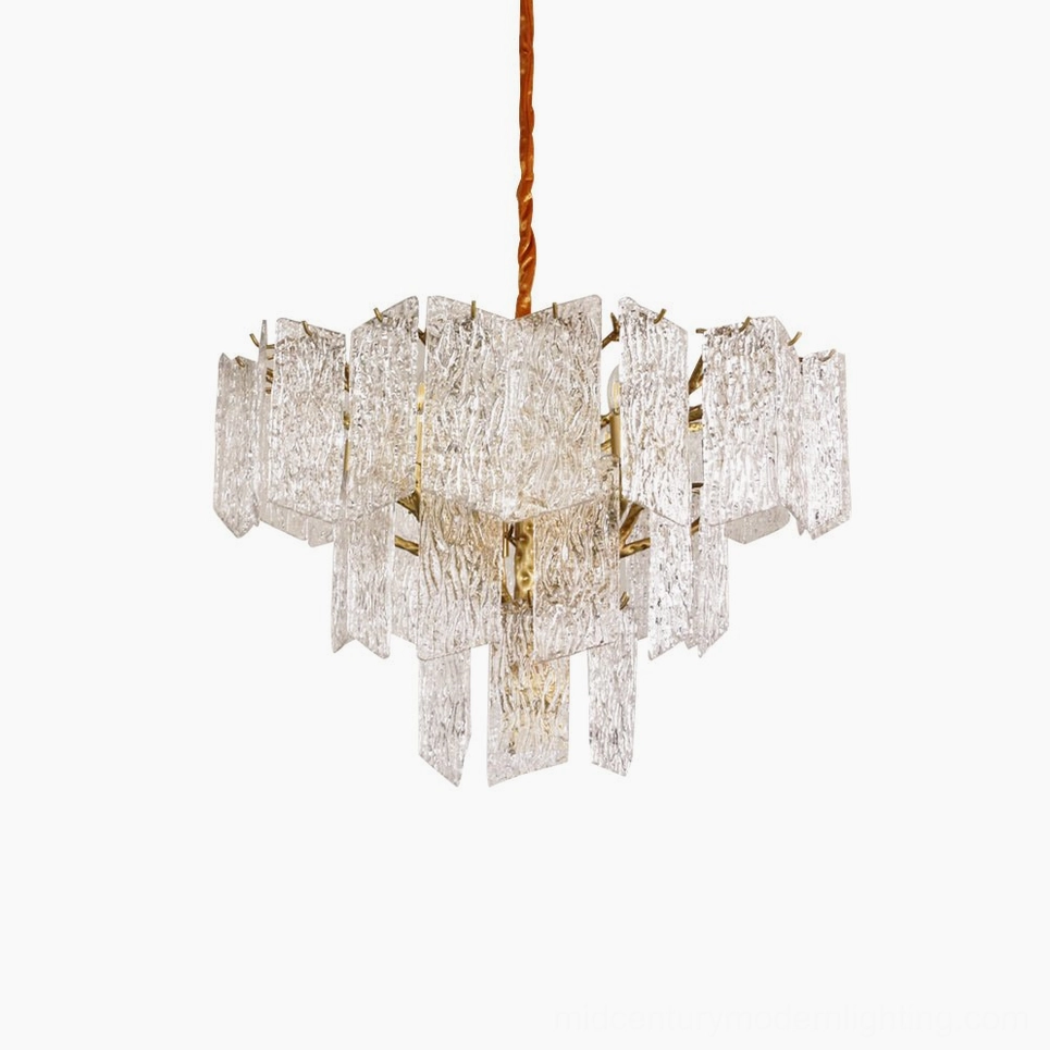 Piemonte mid-century modern brass chandelier with tiered crystal glass panels full product display