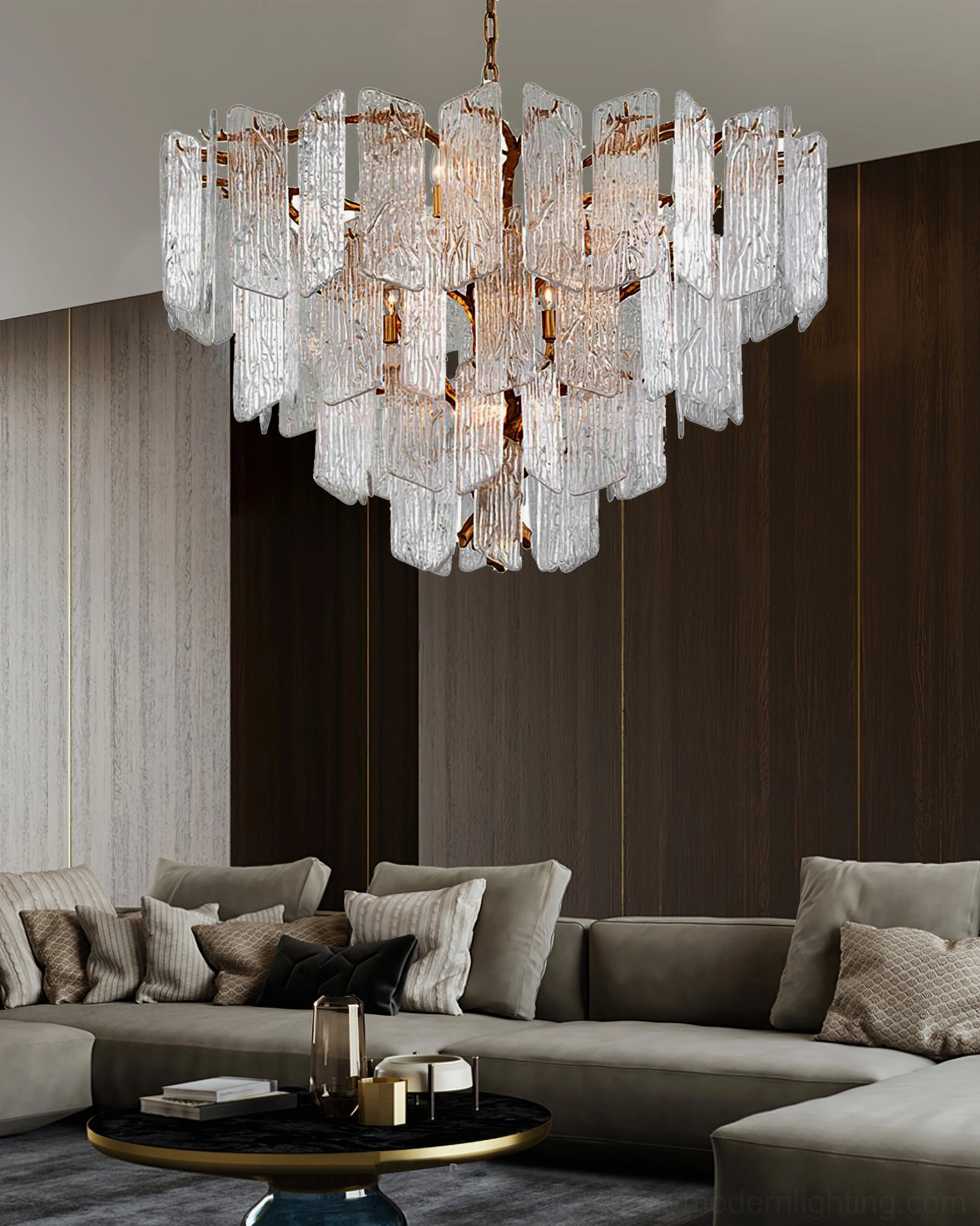 Piemonte crystal pendant light suspended in modern luxury living room with warm ambient lighting