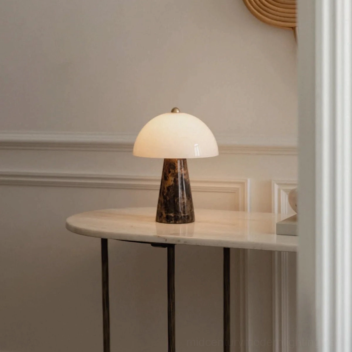 Modern marble table lamp styled on luxury residential side table with neutral warm interior decor