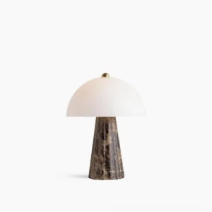 Pierre marble table lamp with white dome shade and dark brown marble base, front view on white background