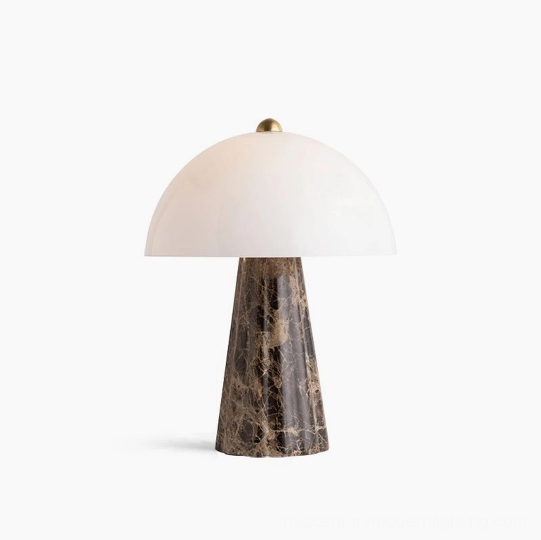 Pierre mushroom-shaped table lamp featuring white acrylic dome and tapered dark marble base with brass accents