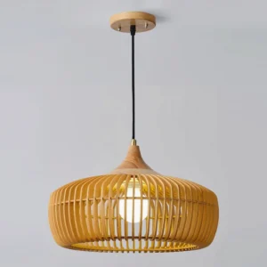 Illuminated Pimms pendant lamp hung from ceiling with brass fixture showing warm glow through wooden slats and dark suspension cord