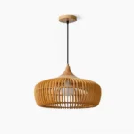 Pimms wooden pendant light with slatted design showing natural light wood finish on plain white background, frontal view