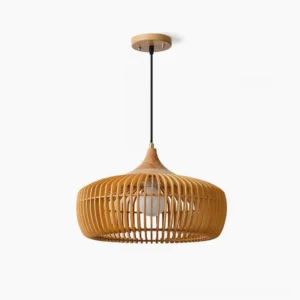 Pimms wooden pendant light with slatted design showing natural light wood finish on plain white background, frontal view