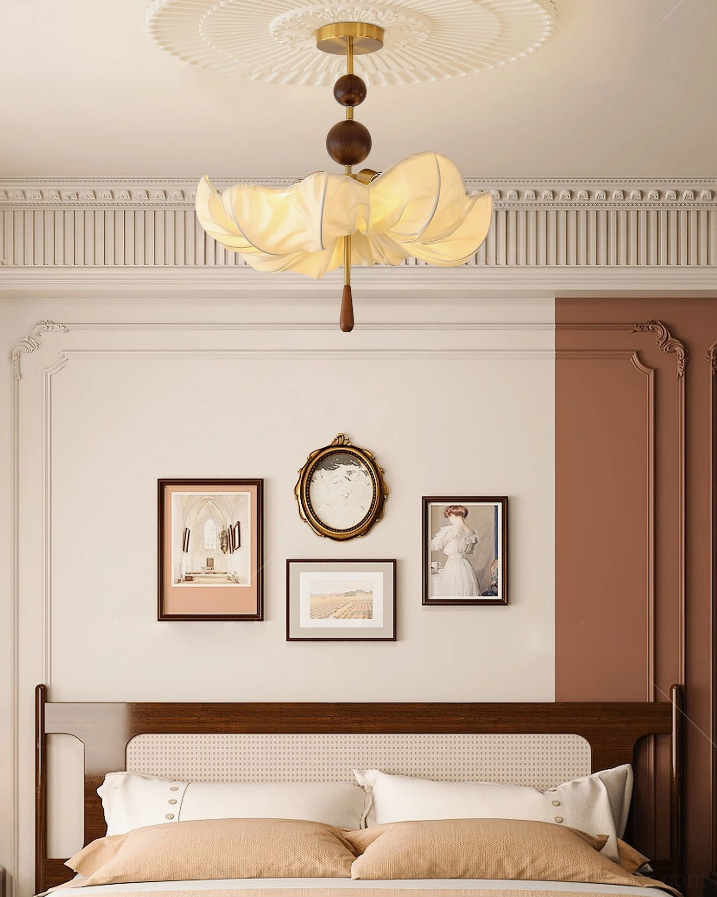 Pinctada ceiling light detail shot highlighting walnut wood elements and polished brass hardware
