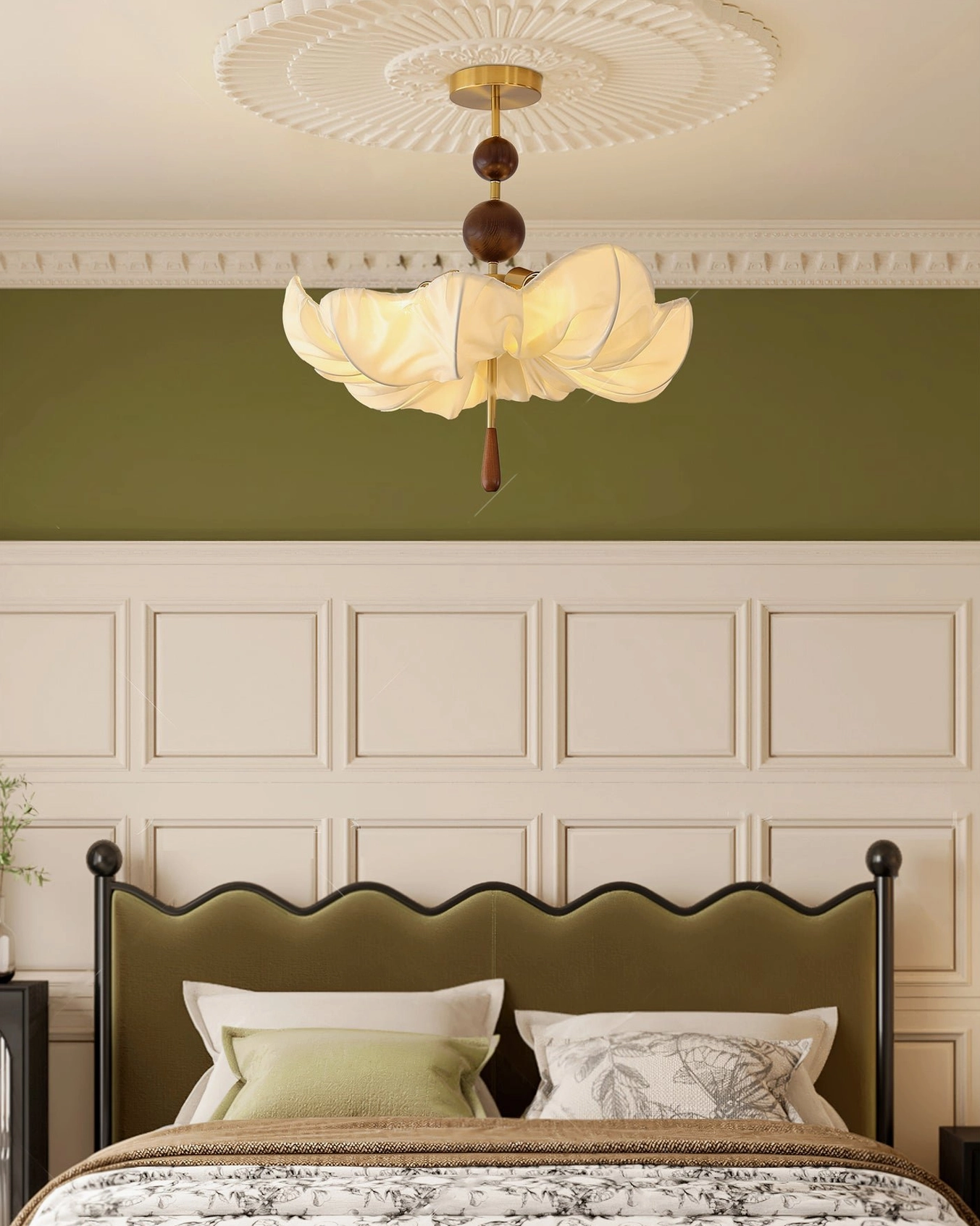 Front view of Pinctada fabric ceiling pendant showing detailed petal folds and brass accents